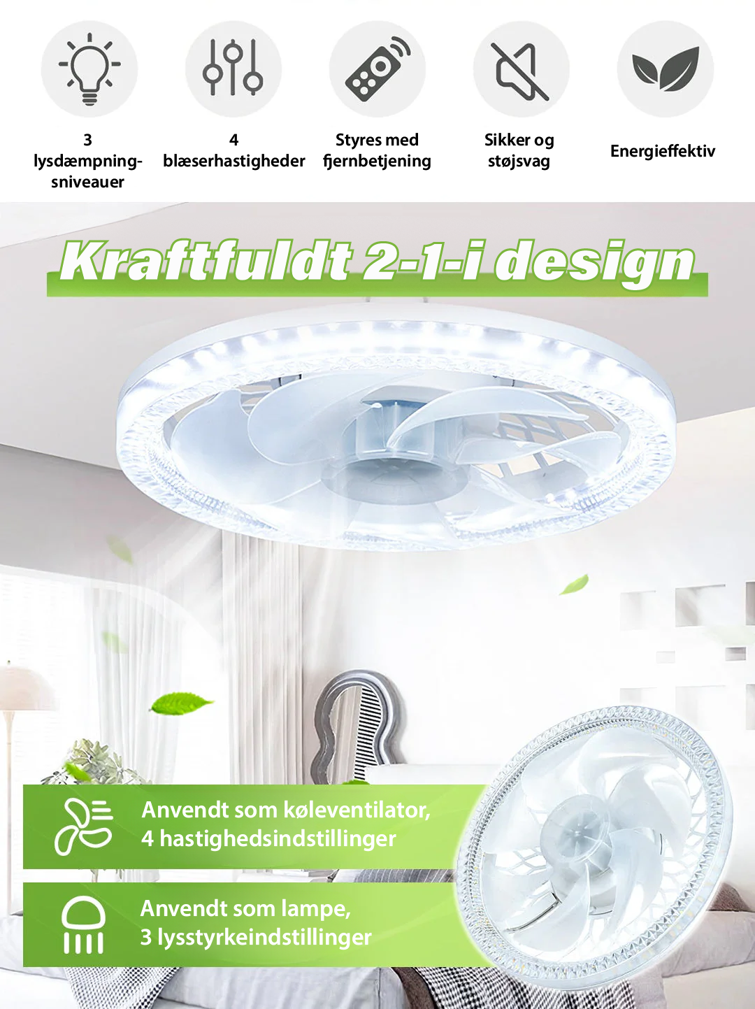 #2-i-1 Lydløs Justerbar Ventilatorlampe med Fjernbetjening