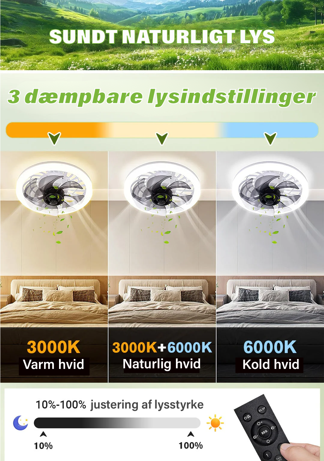 #2-i-1 Lydløs Justerbar Ventilatorlampe med Fjernbetjening