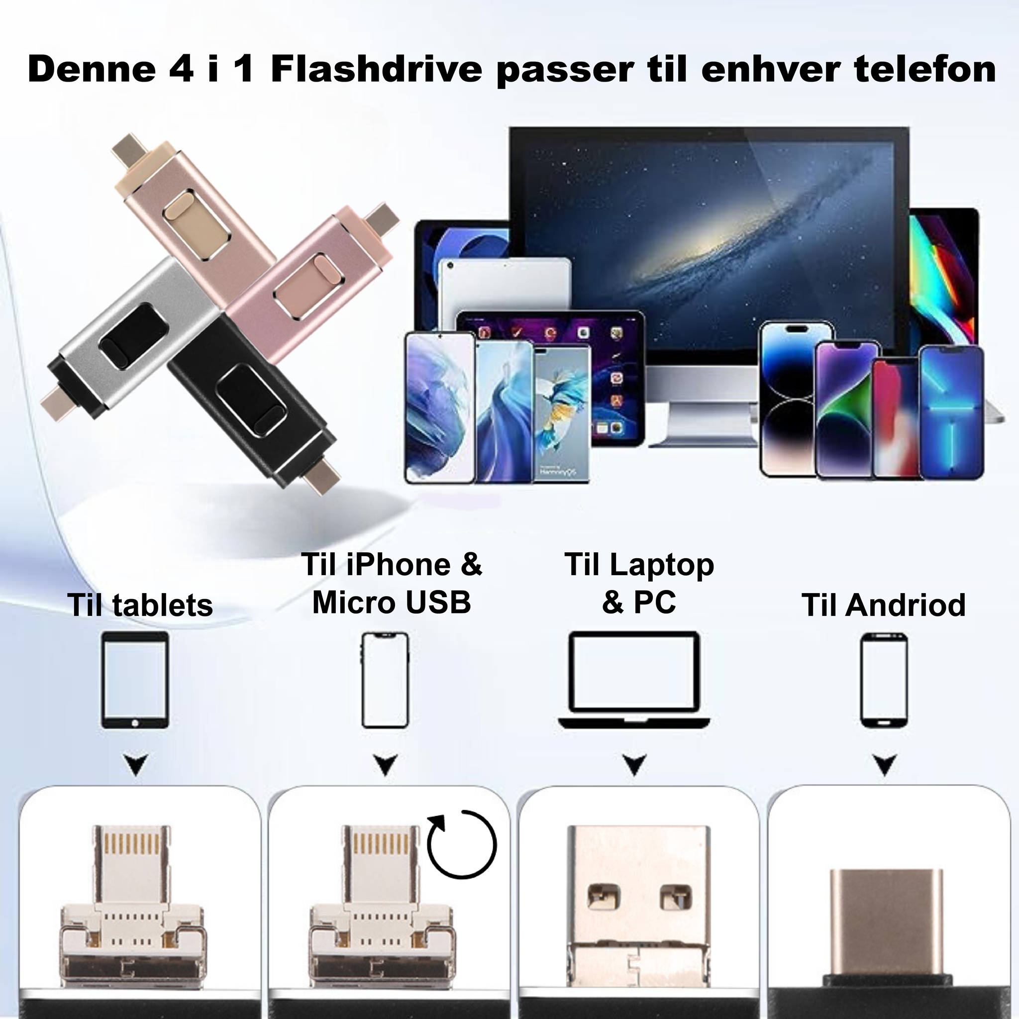 #Hav aldrig en Fuld Mobil igen med vores 4-i-1 Flashdrev. Denne her passer til enhver enhed!